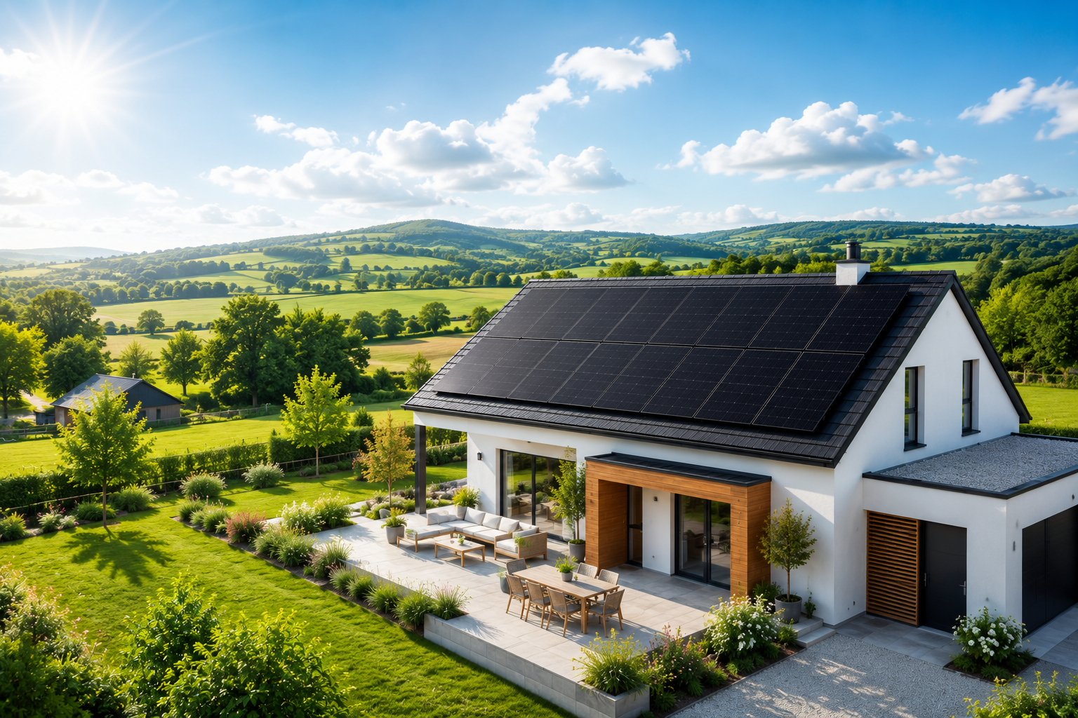 Solar panels installed on a modern UK home roof on a sunny day
