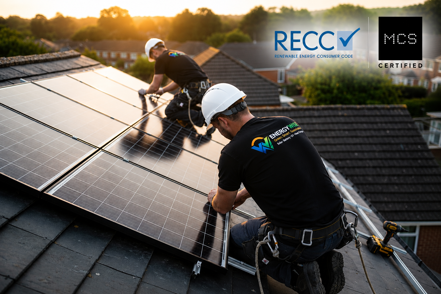Energy Wise Solar installation team fitting solar panels on a residential roof