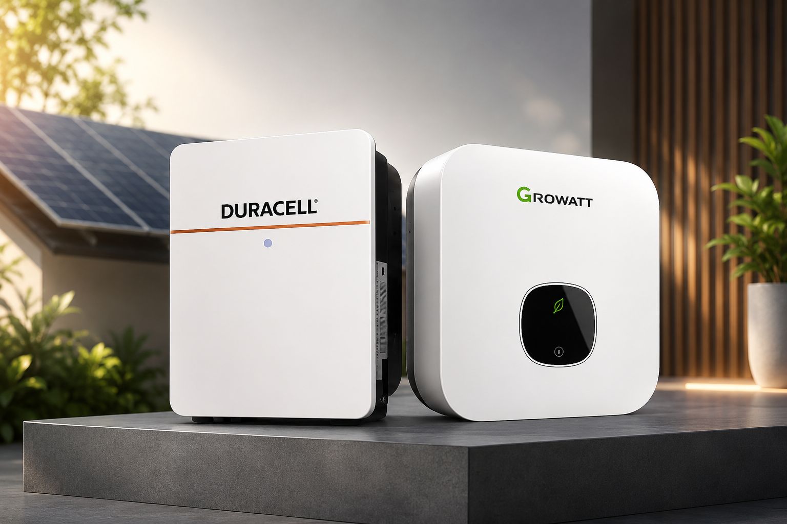 Duracell and Growatt solar inverters side by side